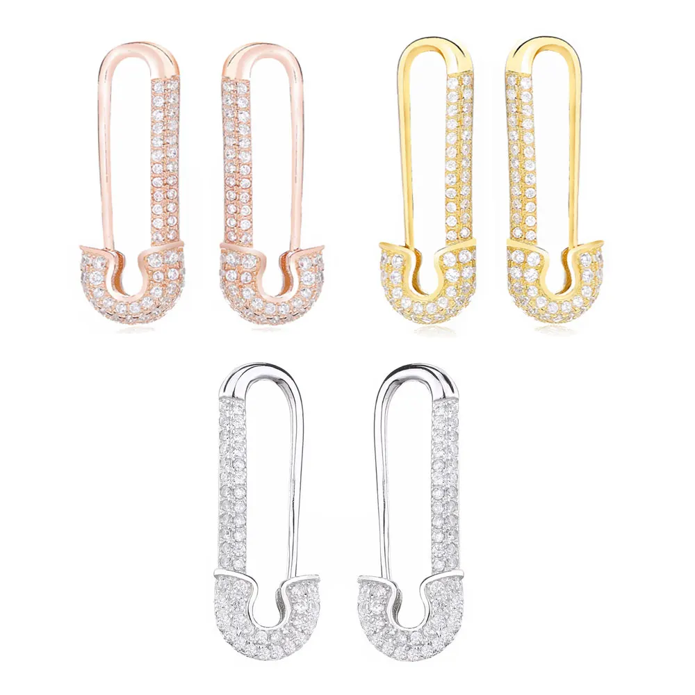 

Moonmory 2019 France 100% 925 Sterling Silver Silver Safety Pin Earring Three Color Style One Side Zircon Right Left Earring