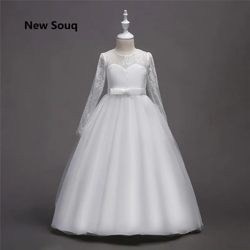 2019 прекрасный Тюль трапециевидной формы для девочек в цветочек платья одежда с длинным рукавом с круглым вырезом кружевное свадебное
