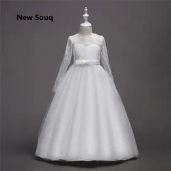2019 Encantadora Tul Una Línea de Vestidos de Flores Niña de Manga Larga O Cuello de Encaje Chica Boda Noche de Fiesta Vestido de Fiesta 2019 Encantadora Tul Una Línea de Vestidos de Flores Niña de Manga Larga O Cuello de Encaje Chica Boda Noche de Fiesta Vestido de Fiesta
