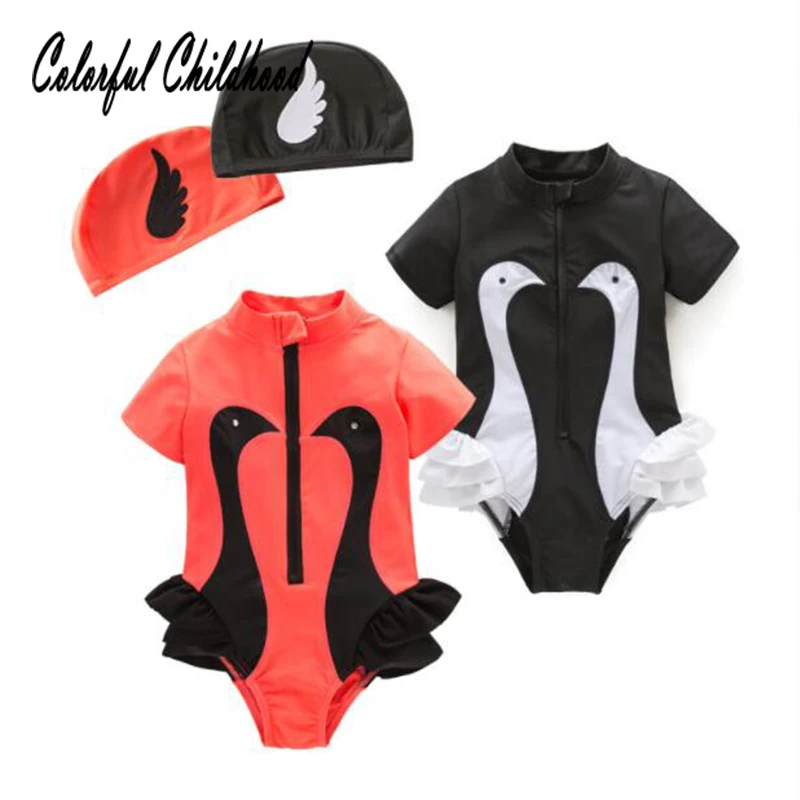 

Baby girls bikini summer cartoon swan short sleeve jumpsuit infant girls swimwear kids bathing suit children one-pieces bikini