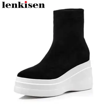 

Lenkisen platform super high bottom keep warm round toe slip on causal shoes solid feature autumn winter ankle stretch boots L38
