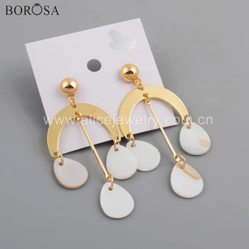 

BOROSA 10Pairs New Arrival Gold Color Moon Metal Three Teardrop Natural White Shell Slice Dangle Earring Jewelry as Gifts WX1081
