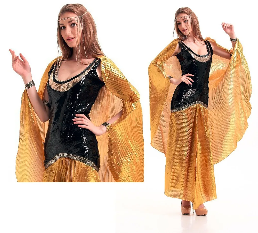 Ensen The cleopatra ancient egypt Queen Long golden dress Carnival font b Cosplay b font Costume