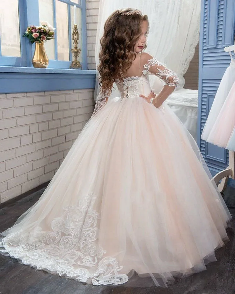 New-Ivory-Puffy-Lace-Flower-Girl-Dress-Weddings-Long-Sleeves-Ball-Gown-Kids-Party-Communion-Pageant
