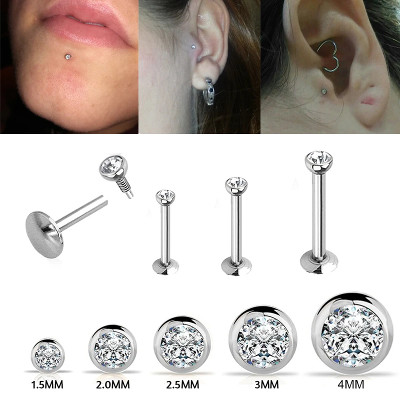 1.2x1.5-4mm Aaa Zircon Labret Lip Bar Stud Piercing 16 Gauge Stainless ...