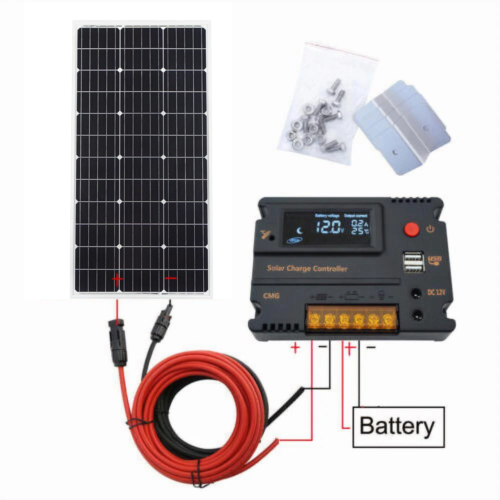 

ECOworthy 100W mono Solar power panel 100w 18V monocrystalline with 20A solar controller black red cable for 12V battery charger