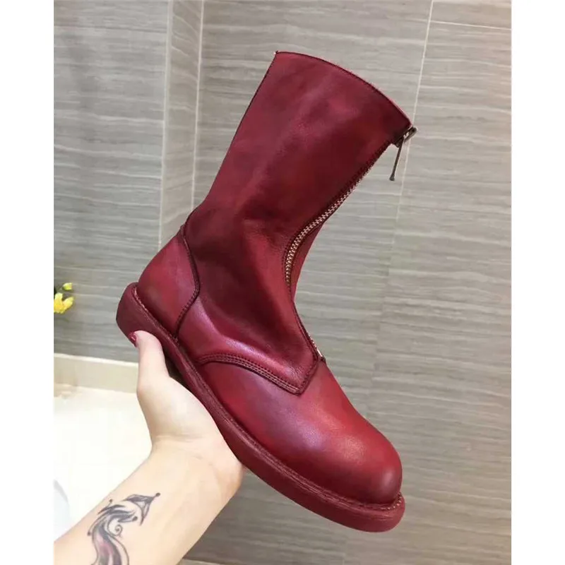 

Zipper Front Knight Style Women Fashion Short Boots Round Toe Female Square Med Heel Martin Boots Real Leather Vintage Boots