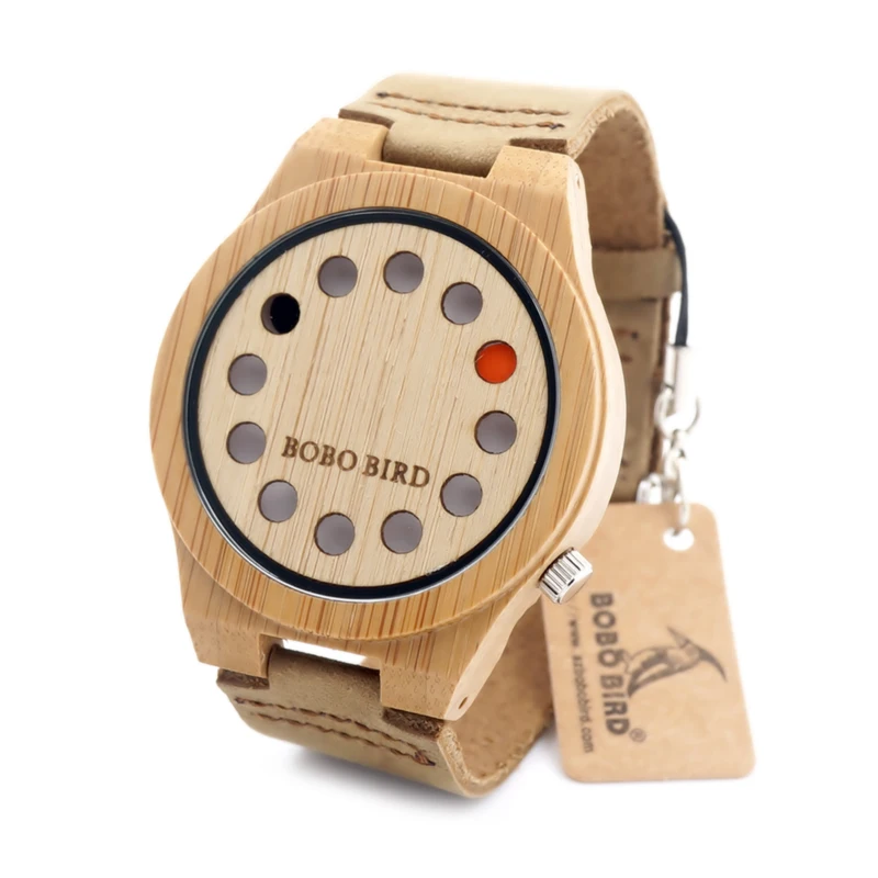 BOBO BIRD Unisex Wrist watch 12 Wholes Leather Band Men s Wooden Quartz Watch Made by