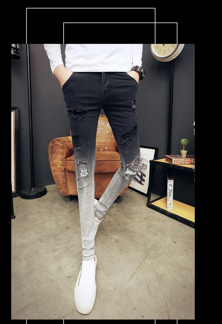 Idopy мужские модные рваные джинсы постепенная цветная винтажная хип-хоп Уличная Стиль облегающие Стрейчевые черные белые брюки для мужчин