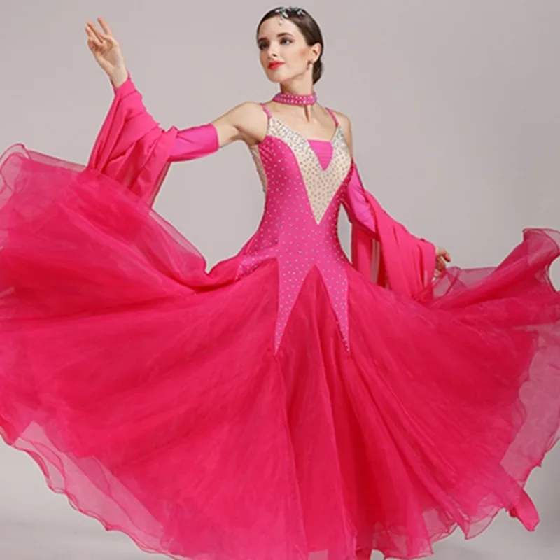 Rhinestone Elegant Long Yarn Red Ballroom Dance Competition Dresses Standard Ballroom Dress Fringe Waltz Dance Costumes