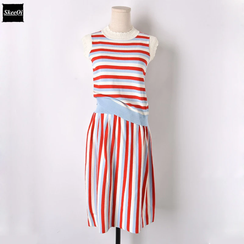 

2018 New Summer Striped Casual Dress Fashion Sweet Vest Top + Skirt Suit Knitted Sweater Vestidos Two Piece Women's Set Dresses
