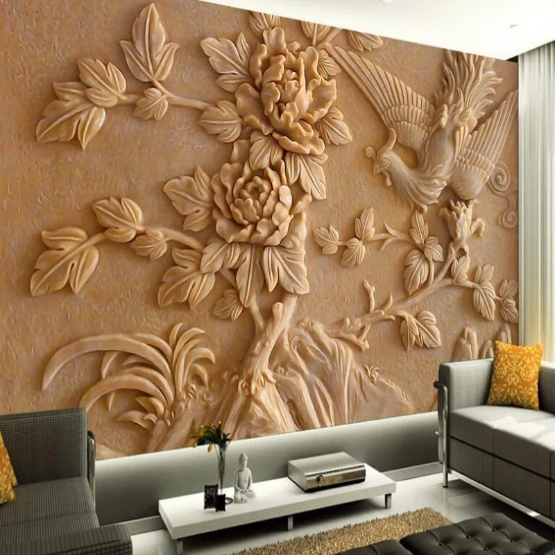 

beibehang Customized Large Mural Chinese Stereo Relief Phoenix Peony Mural TV Background Wall Nonwovens Super Green Wallpaper