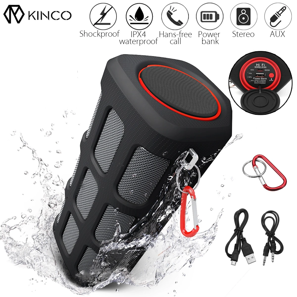 

KINCO Wireless bluetooth Speaker Waterproof Portable Shockproof Dustproof Outdoor Sports 5200mAh 24-Hours Playtime for iPhone