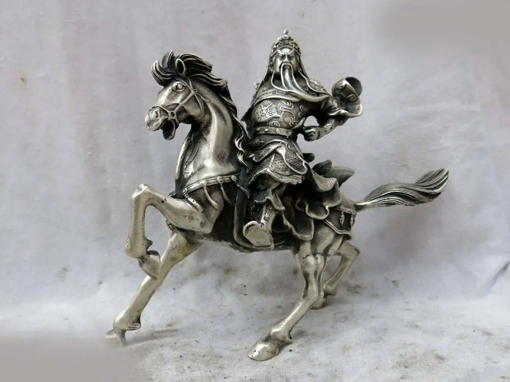 

DS 8" China silver finely ride a horse military holy Guan-gong Sculpture Statue