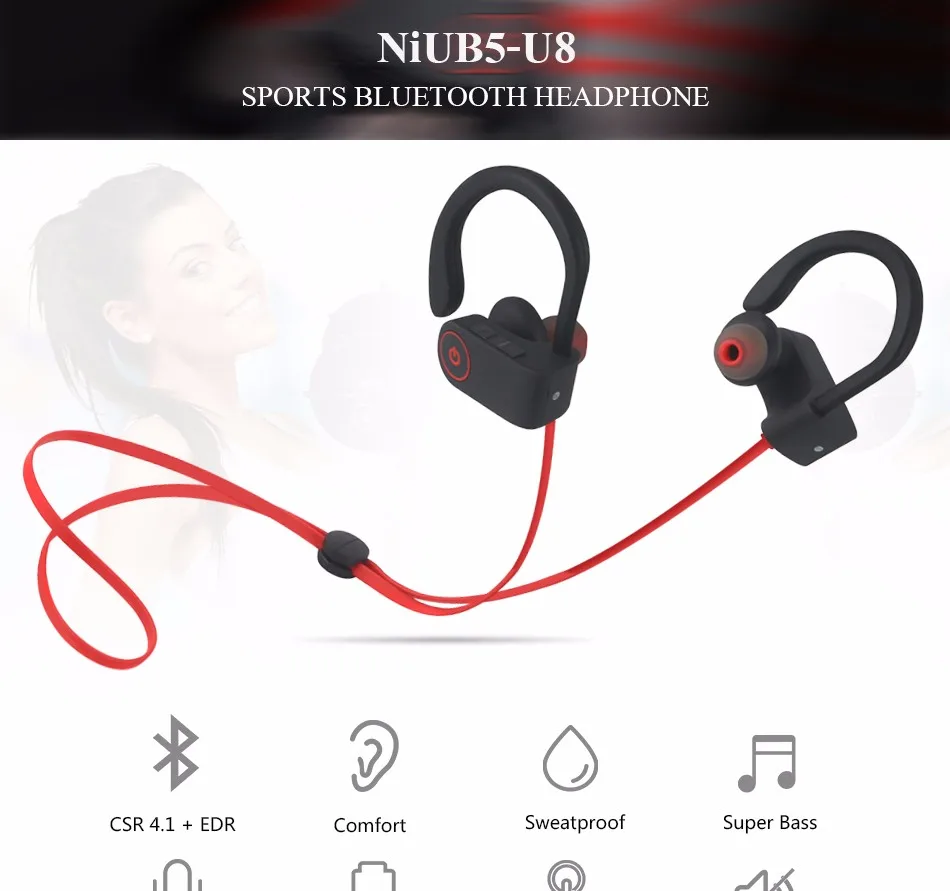 Спортивные наушники NiUB5 U8 с Bluetooth 4,1, беспроводная Bluetooth гарнитура, наушники с микрофоном, спортивные bluetooth-наушники с ушным крюком