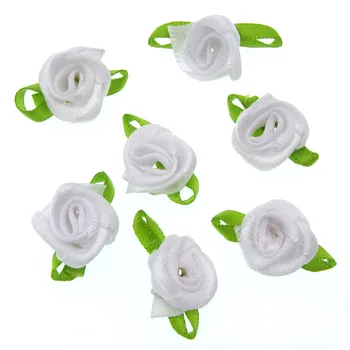 

100pcs 1.5cm Mini White Rose Flower Buds with Leaf Loop Flowers Ribbon Craft Scrapbooking Applique For Wedding Decoration
