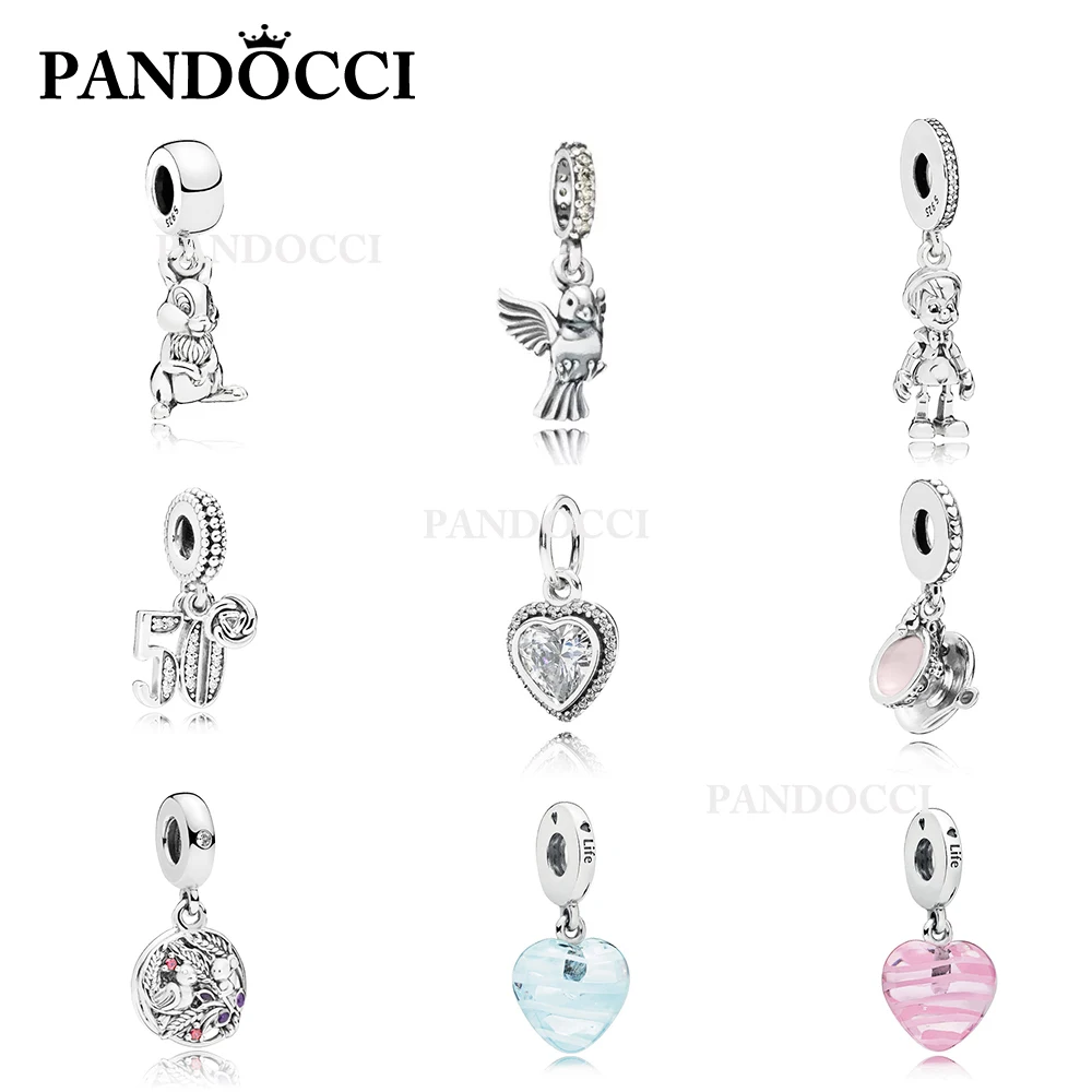

PANDOCCI 100% 925 Silver Jewelry Shiny Love Pendant Charming Cup Shake Blue Pink Ribbon Heart Pendant For Original Bracelet