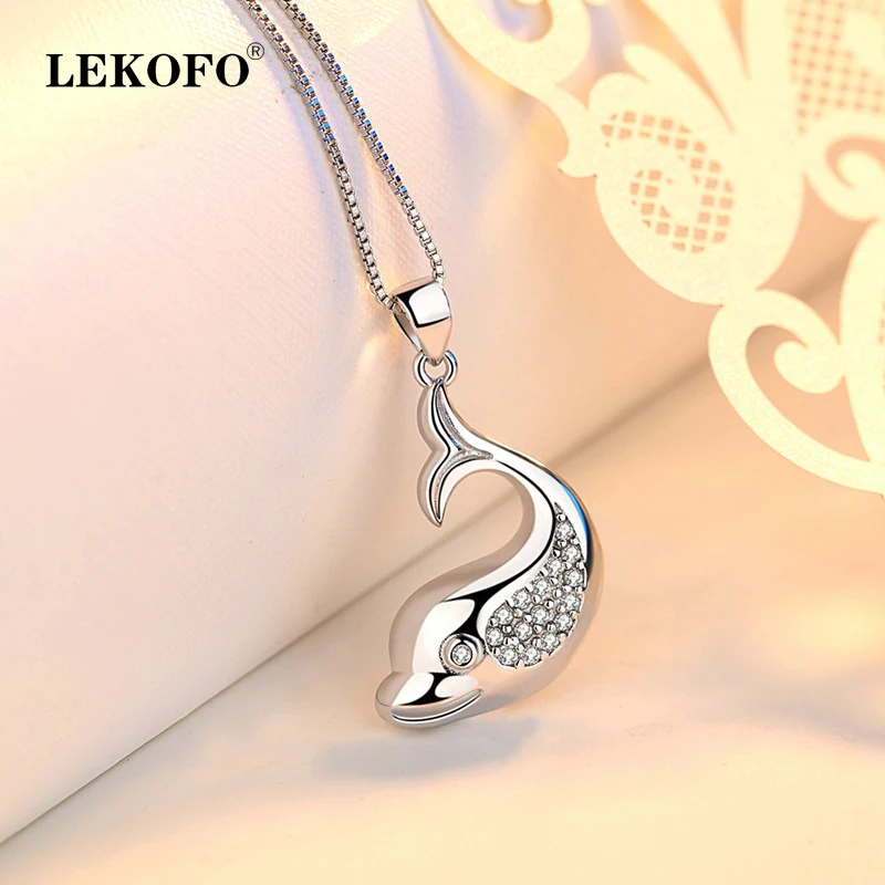 

LEKOFO Korean Simple Crystal Pendant Necklace Women Fashion Jewelry Dolphin Design Cubic Zirconia 925 Sterling Silver Pendants
