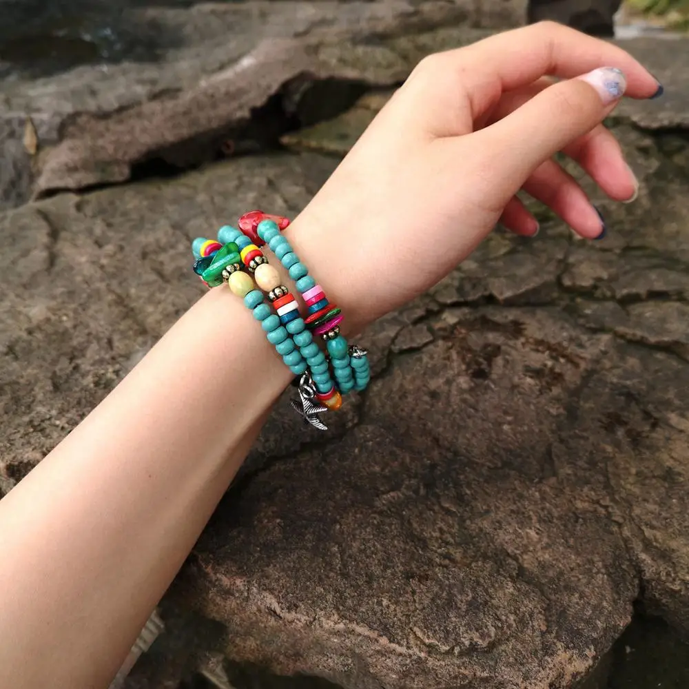 

Rinhoo 1PC New Fashion Bohemia Starfish Leaf Flower Colorful Natural Stone Beads Strand Bracelet For Women's Gift
