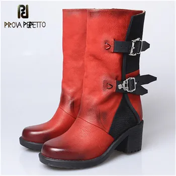 

Prova Perfetto High Quality Euramerican Genuine Leather Do Old Retro Knight Boots Side Zipper Chunky High Heels Women Mid Boots
