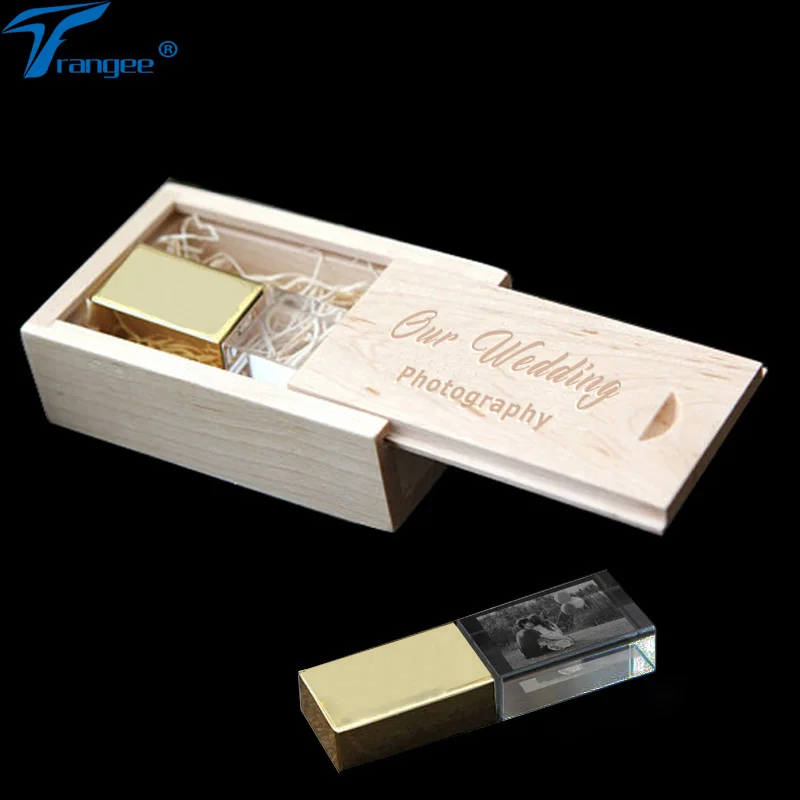 

Trangee Custom Photo Gold in Crystal USB Flash Drive 4GB 8GB 16GB 32GB Pendrive USB 2.0 Memory Stick with Maple Box Free Logo