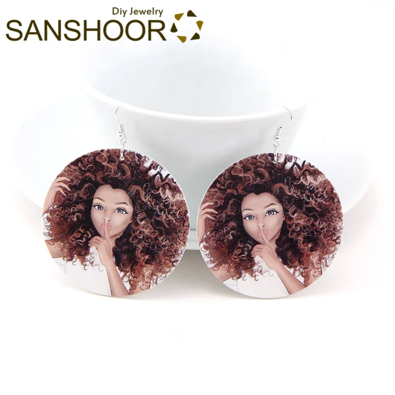 

SANSHOOR Lovely Printed Curly Hair Girl Wood Dangle Earrings 6cm Large Diameter Afrocentric Halloween Jewelry For Blacks 1Pair