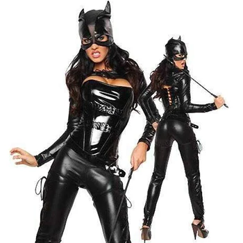 

Wonder Beauty Sexy Leather Catwoman Zentai Costume Halloween PVC Latex Catsuit Nightclub Bodysuit Women Faux Vinyl Jumpsuit