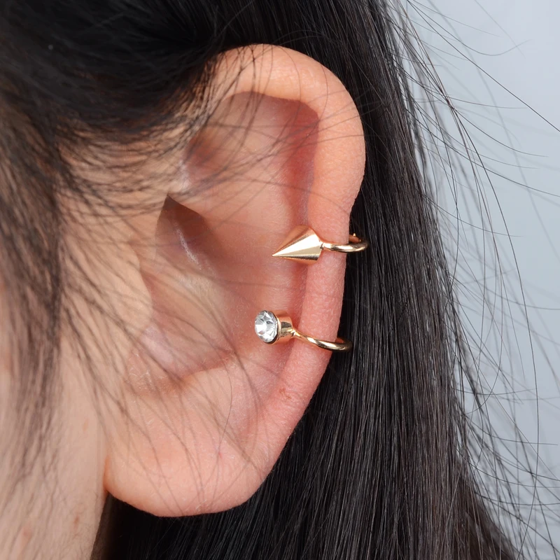 PINKSEE 1Pc Korea Punk Style Rivet Crystal Clip Earrings Gold Silver