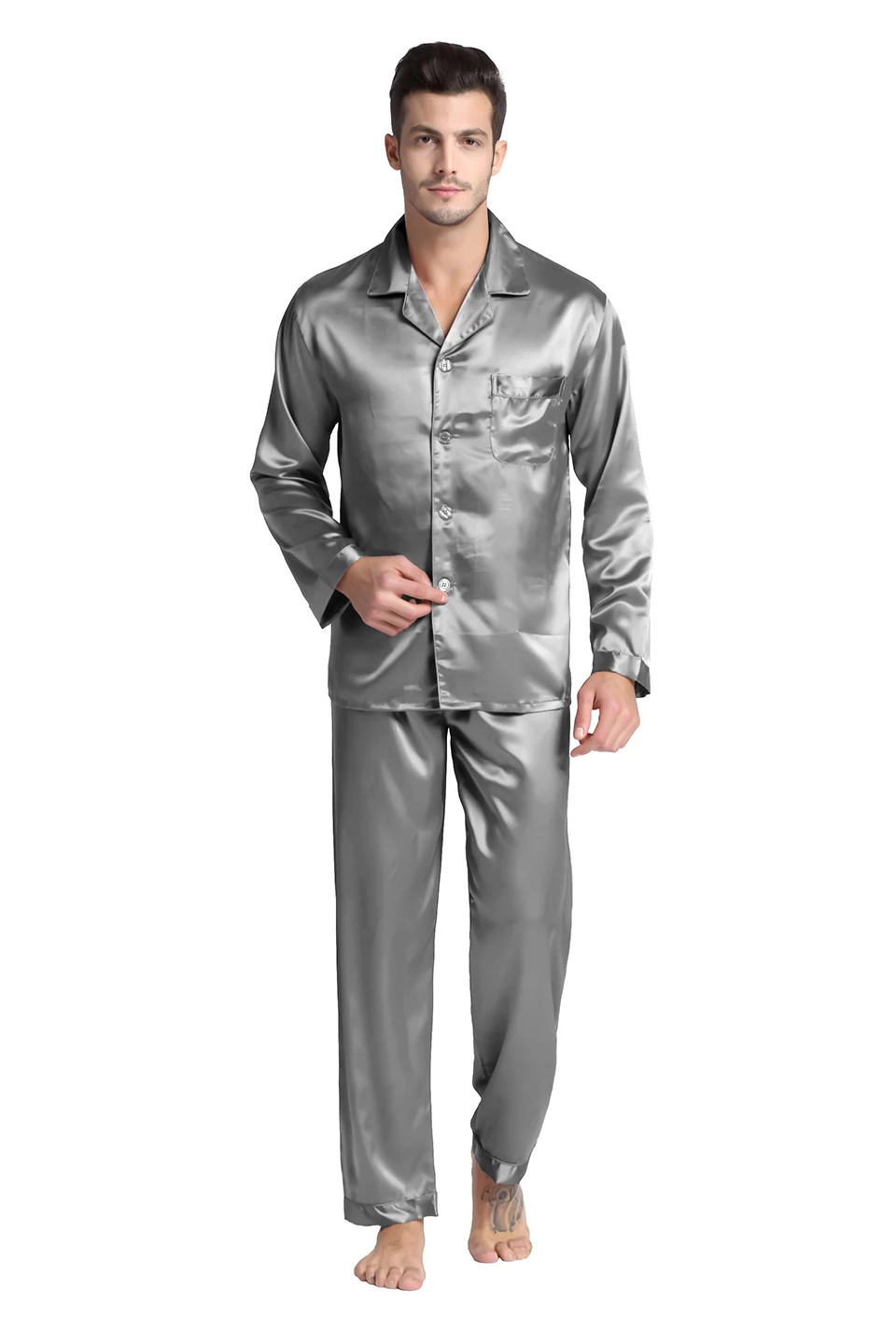 Men's Modern Stain Silk Sleepwear Pajamas Model Silver