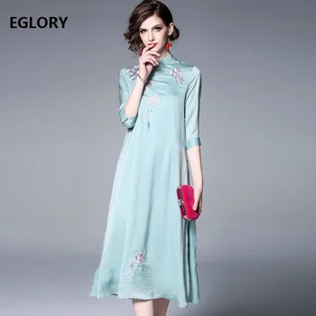 

High Quality Brand Qipao Dress 2019 Spring Summer Party Vintage Dress Women Lurex Embroidery 3/4 Sleeve Mid-Calf Dress Cheongsam