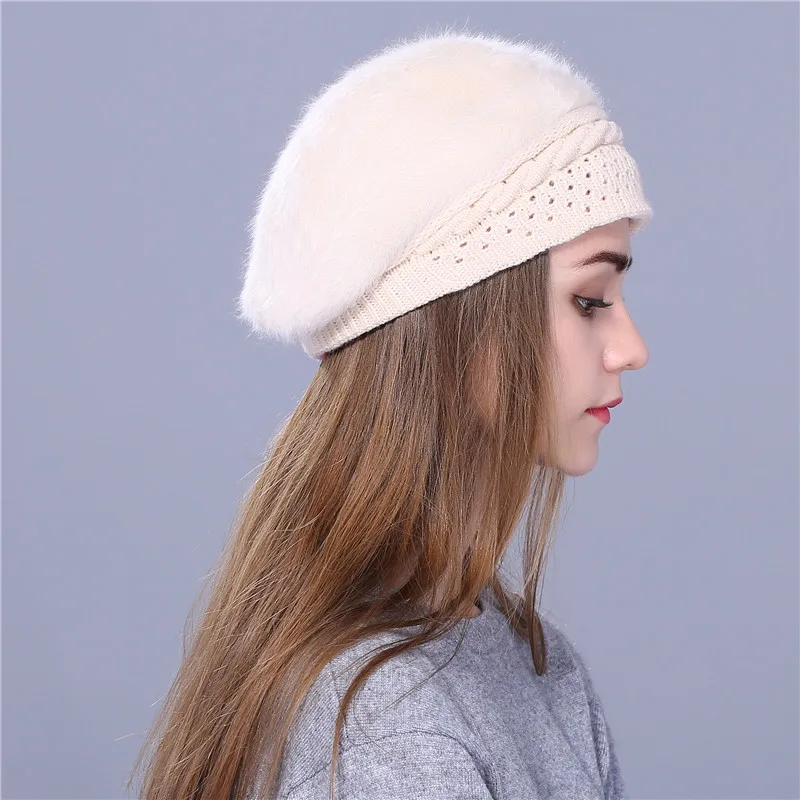 Женский вязаный берет из кроличьего меха однотонный|beret hats for women|beret hatberet winter hat |