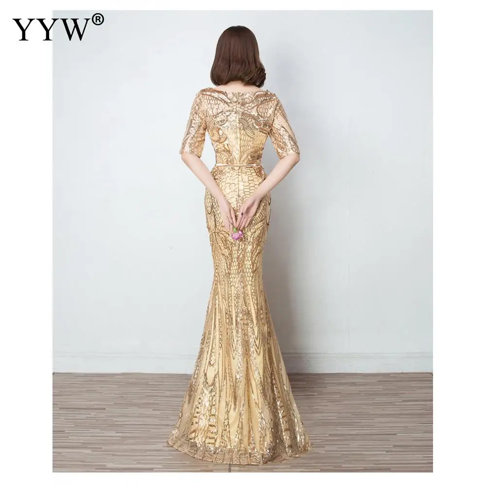 Gold Sequins Luxury Evening Dress Women Slim Elegant Mermaid Long Party Gowns Floral O Neck Sexy Special Occasion Wear For Women