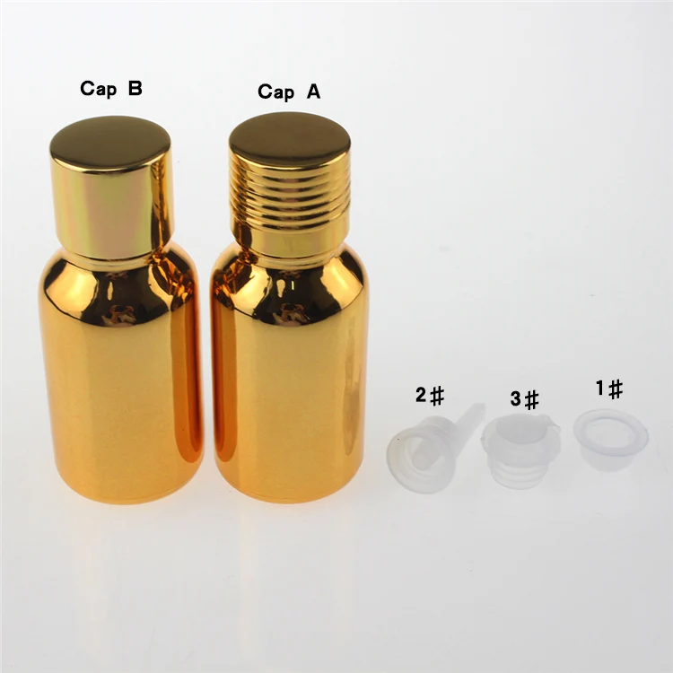 100pcs unique 15ml glass essential oil bottle carrier ,wholesale empty 0.5 oz glass essential oil golden bottle with screw cap