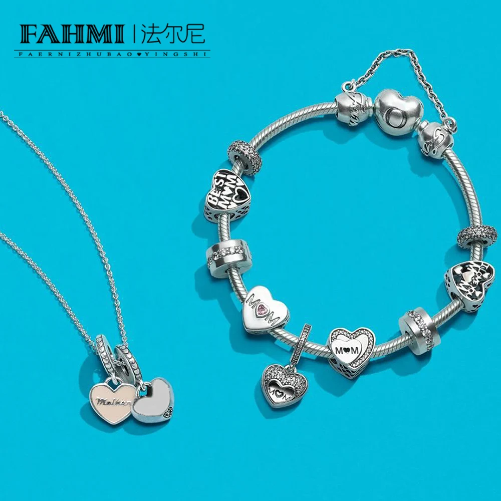

FAHMI 100% 925 Sterling Silver 1:1 Mother's Day Hanging Charm Beaded Bracelet Necklace Gift Set Free Shipping Wholesale