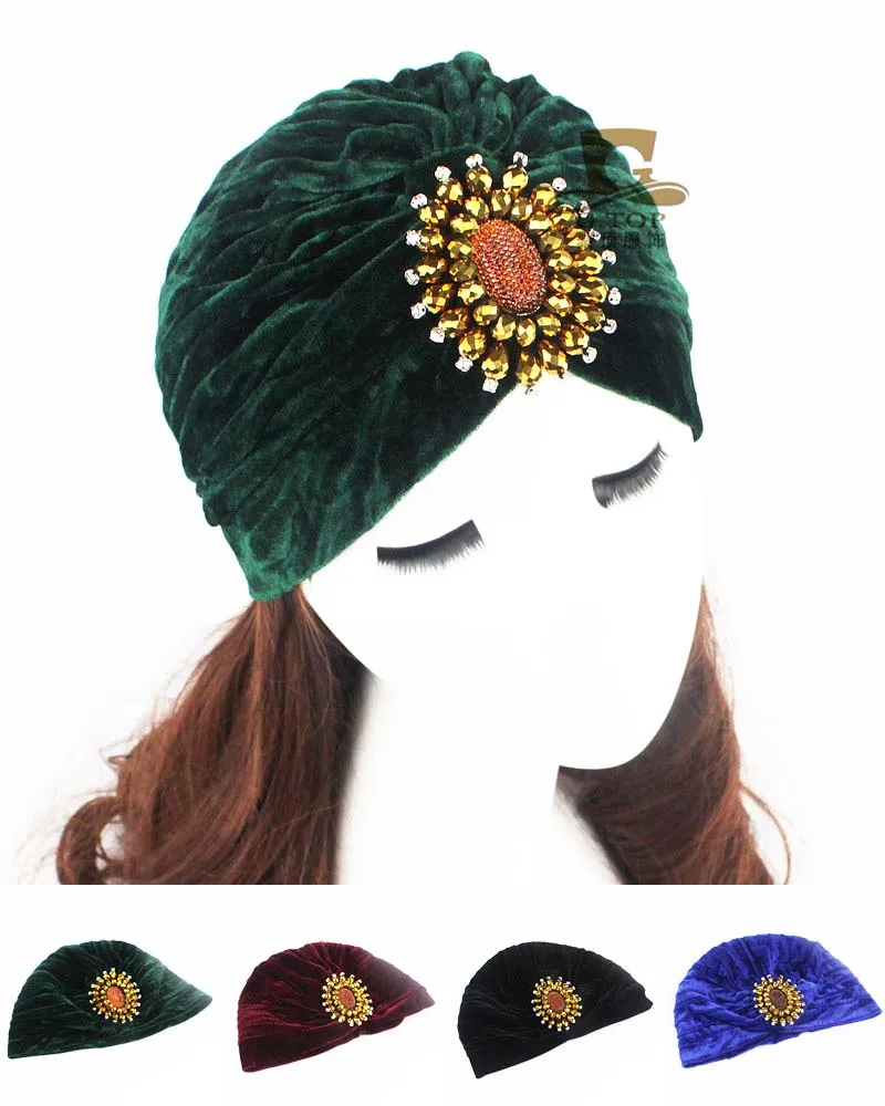 Luxury Jewelry Velvet Turban for Women Muslim Pendant Headwrap Chemo