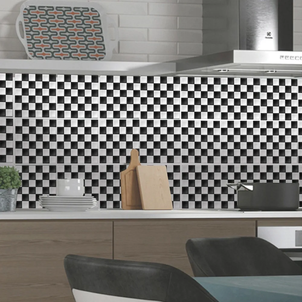 6pcs/lot 3D Black and White Mosaic Pattern Tile Floor Wall Sticker Kitchen Bathroom Tiles Art