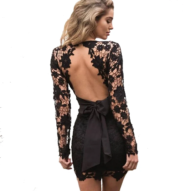 2017Women Vestidos Party Pink Dress Sexy Bow Fringe Lace Black Mini Dress Slim Deep V Neck Long Sleeve Backless Crochet Bodycon
