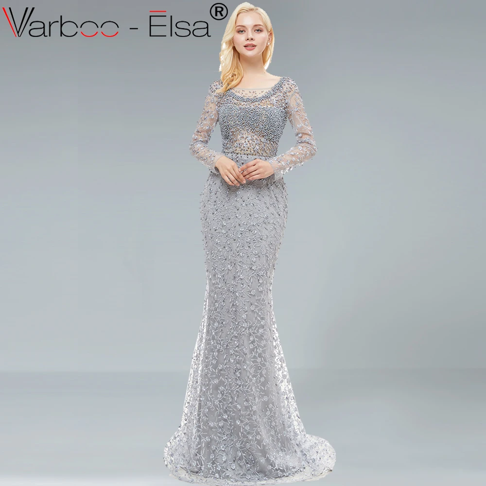 

VARBOO_ELSA Luxury Crystal Pearls Dubai long sleeve elegant Evening Dresses 2018 New Gray Mermaid Formal Dress Party Gown