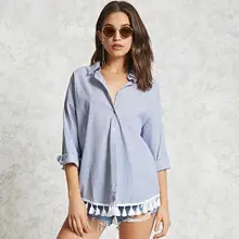 Female Blouse Shirt Blue Striped Shirt 2017 Women Tassel Cotton Blouse Long sleeve blouse women tops blusas