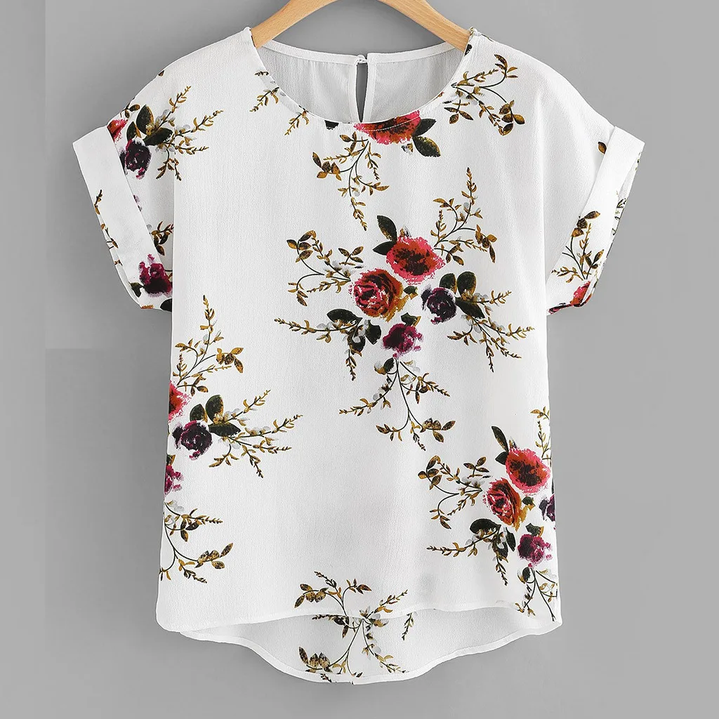 

Hot Summer Women's Casual Blouse Shirt Floral Chiffon Print O Neck Short Sleeve Lady's Top Loose Pullover Blusas