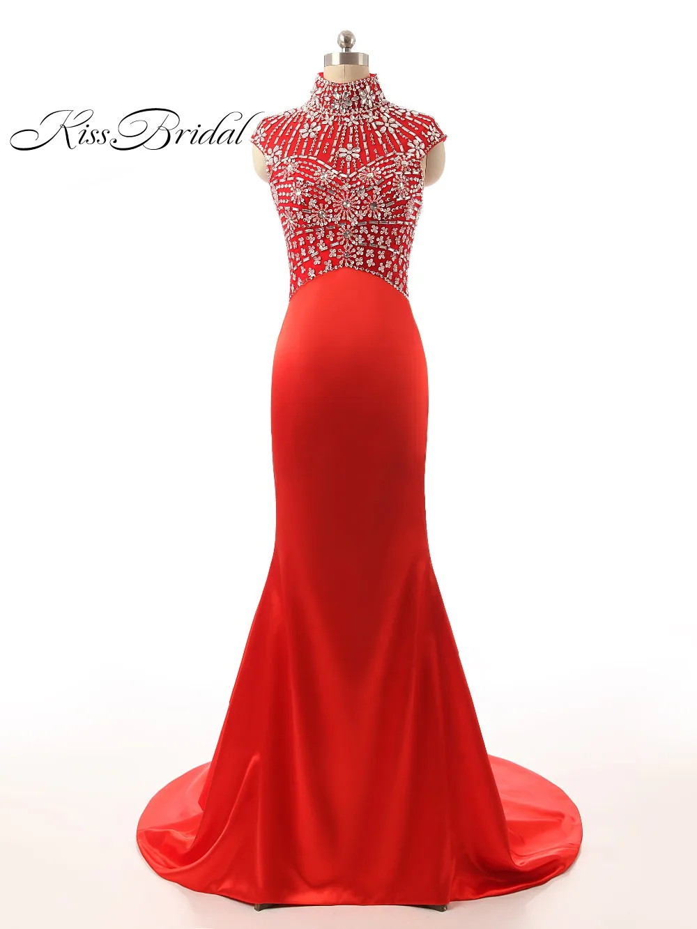 Vestido longo de festa New Red Evening Dress 2017 High Neck Cap Sleeve Floor Length Beaded Satin Mermaid Prom Dresses | Свадьбы и