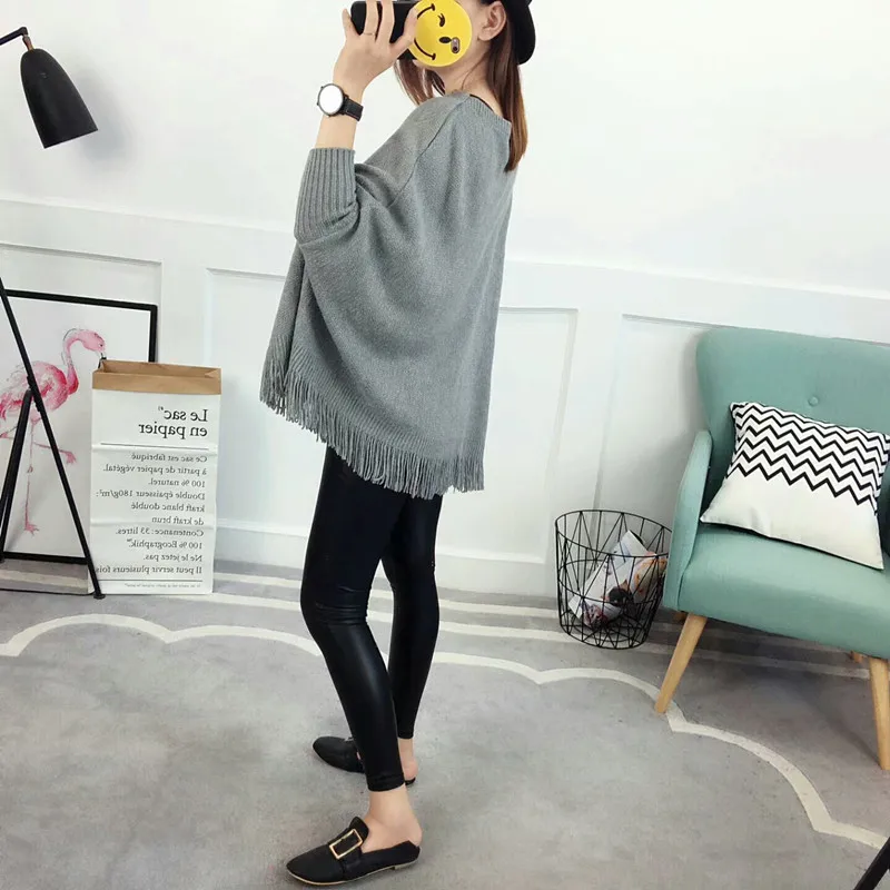 New Spring Gray Pullovers And Sweaters Loose Tassel Soft Shawl Poncho Women Slash Neck Bat Long Sleeve Pullover Sweater Shawl