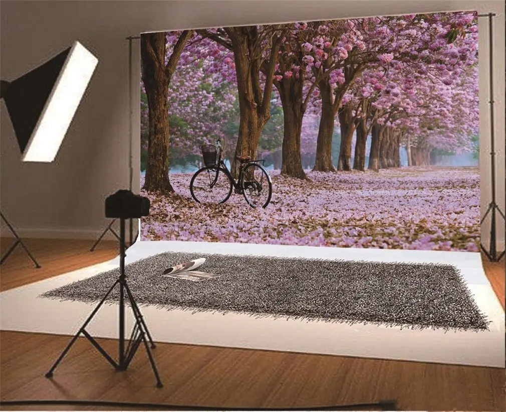

Photography Backdrop Valentine's Day Spring Cherry Blossom Flowers Vintage Bicycle Trees Nature Romantic Photo Background Party
