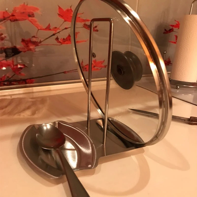 

Stainless Steel Pan Pot Cover Lid Rack Stand Spoon Holder Stove Organizer Storage Soup Spoon Rests Kitchen Accessories
