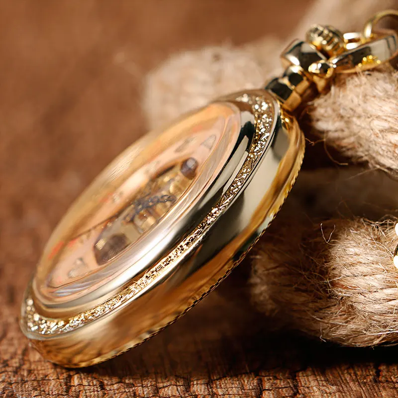 Relógio de Bolso Relógios de Ouro da Moda Cheios de Gravura Pingente de Presente Mecânica Enrolamento Homens Steampunk Elegante Cadeia Clássico Fob Mão
