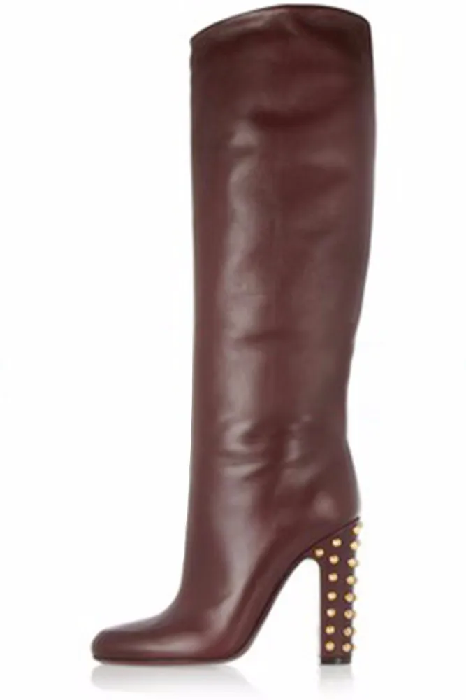 

2018 Women's Square High Heel Platform Winter Snow Boots with Studs Rivets Knee High Plus Size Boots Ladies Casual Dress Shoes
