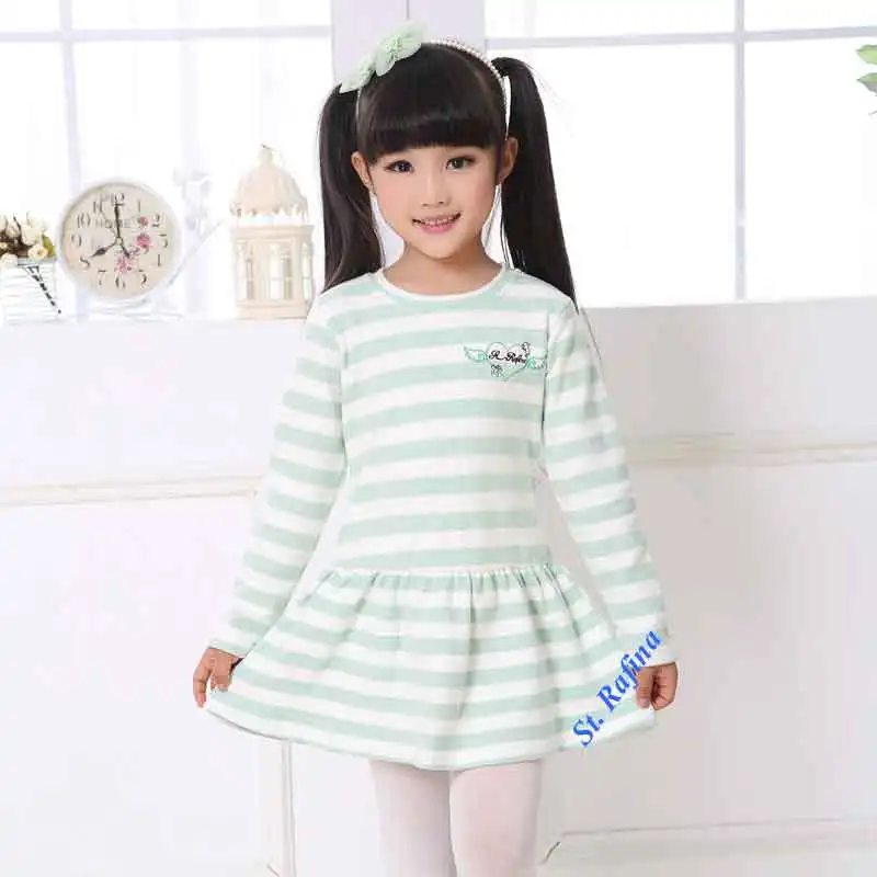 Green Stripe Платье для девочек; коллекция года; сезон весна-осень; детская полосатая футболка из органического хлопка; платье для девочек; детская одежда; Vestidos - Цвет: Green Stripe