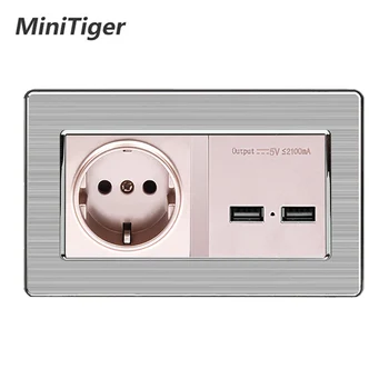 

Minitiger Home Smart EU Standard Wall Socket With Dual USB Smart Induction Charge Port For Mobile 5V 2.1A Stainless Steel Panel