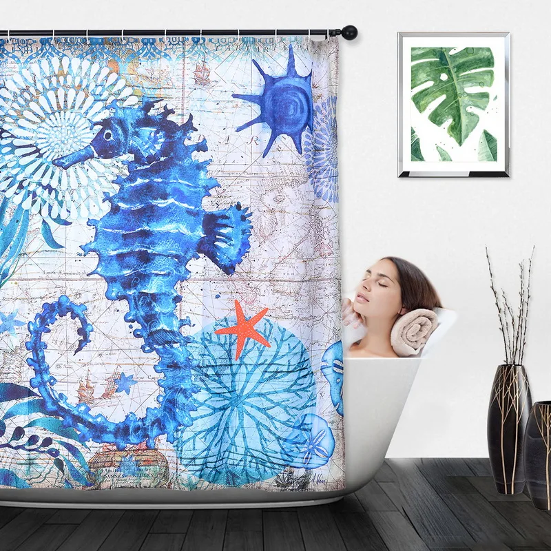 Hoomall Shower Curtain Waterproof Polyester Fabric 12 Hooks Blue Sea