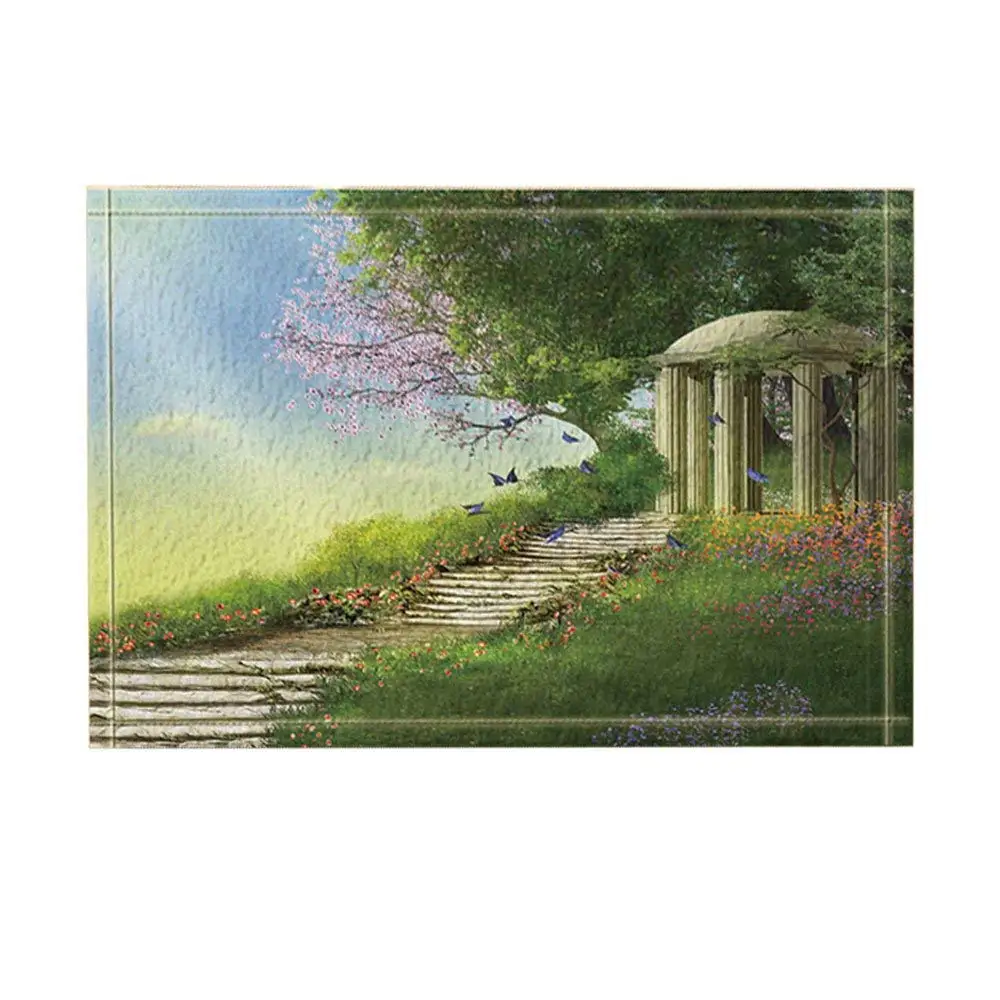 Bed and Bathroom Carpet Kitchen Mats Magic Forest Decor, Gazebo with a Stone Stair and Flowers Bath Rugs, Non-Slip Doormat